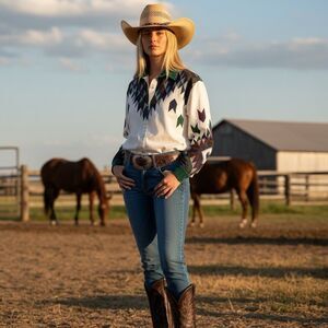 Vintage Adobe Rose Western Button Up Shirt M Aztec Corduroy Collar Rodeo Cowgirl